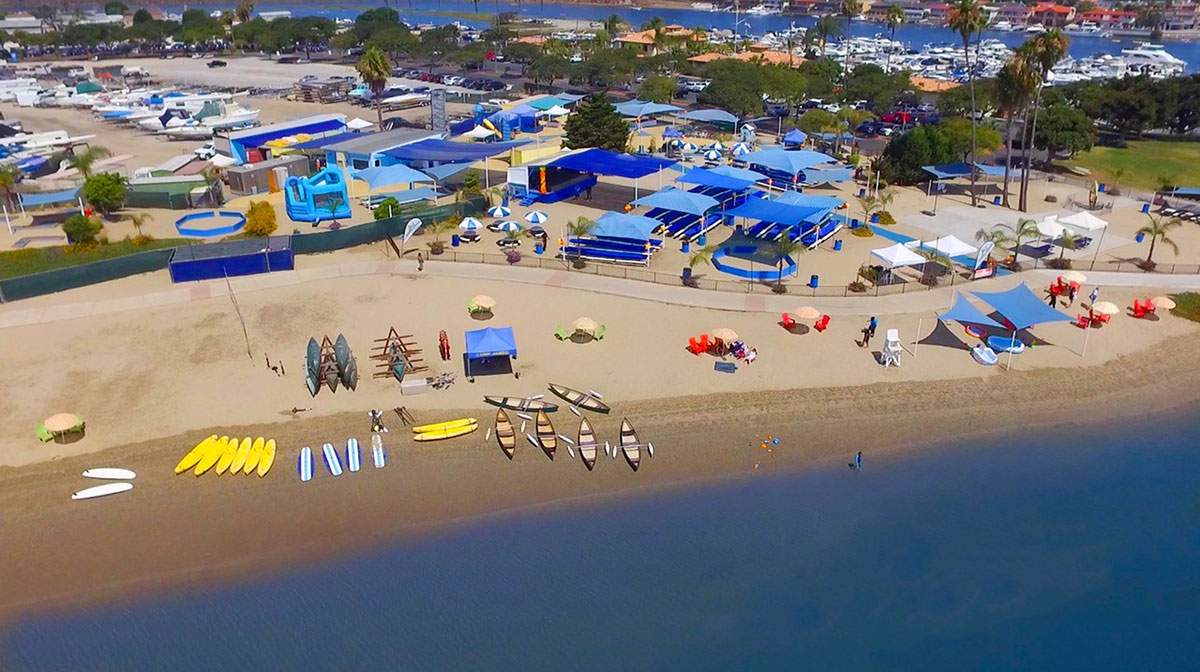 An aerial view of Newport Dunes in Newport Beach, CA - just one of many exclusive private parks that James Event Productions manages.