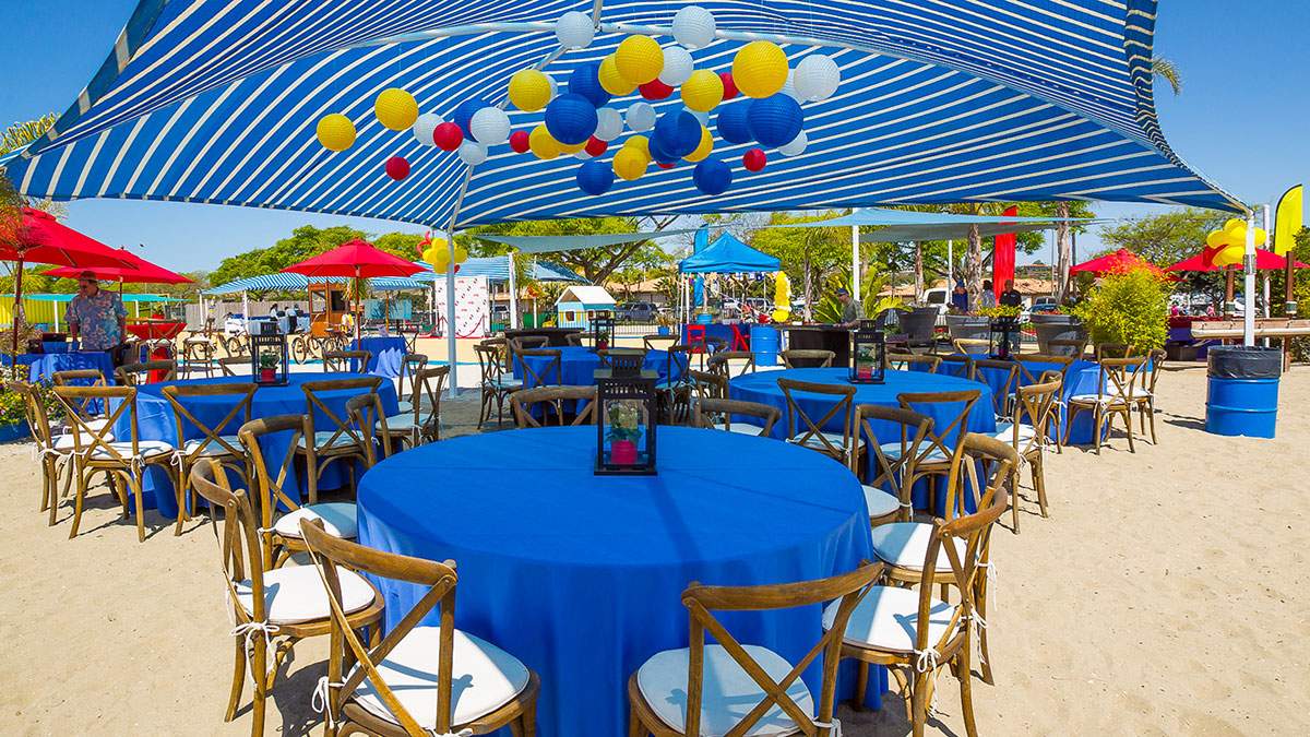 A beautiful shaded seating area at Newport Dunes in Newport Beach, CA - just one of many exclusive private parks that James Event Productions manages.