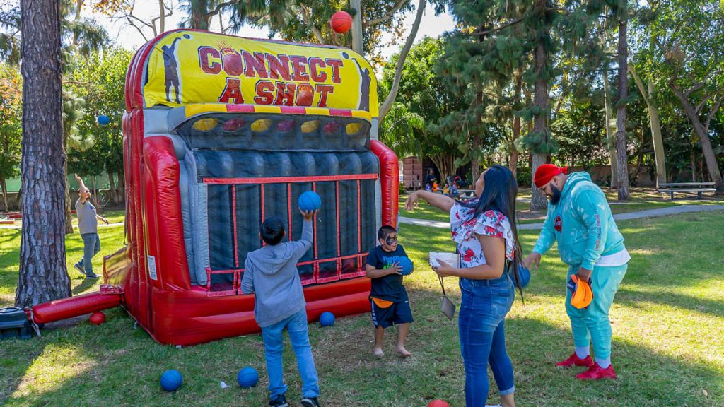 The Connect-A-Shot inflatable attraction combines the challenge of basketball with the strategy of a table-top game.